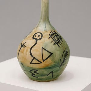 Peut inclure: Un vase en céramique avec un corps bulbeux et un col étroit. Le vase est peint avec des couleurs vertes, jaunes et beiges et présente des motifs abstraits noirs. Le vase est exposé sur une surface blanche.