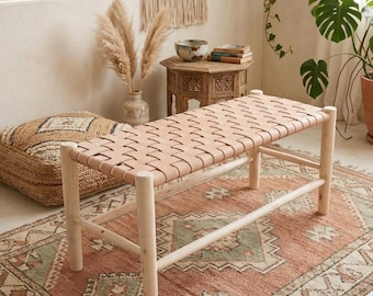 Boho Wooden Bench – Handmade Solid Wood Accent Bench for Living Room, Entryway & Bedroom Decor