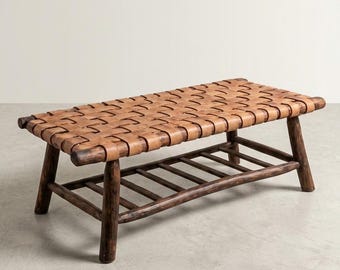 Handgefertigte Boho-Eingangsbank – Leder- und Holzbank fürs Schlafzimmer, Sitzmöbel im rustikalen marokkanischen Stil