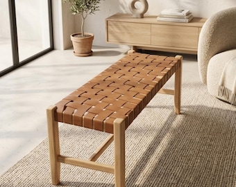 Handmade Leather Bench, Boho Entryway Bench, Woven Seat with Eucalyptus Wood Frame, Natural Home Decor