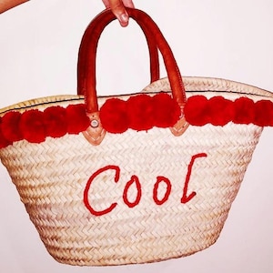 Winkelmandje met leren handvatten, marktmand, strandtas, handgemaakte mand met leren bandjes