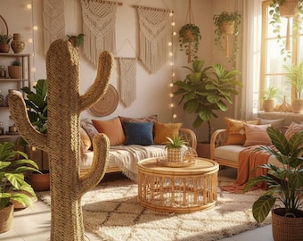 Decoración marroquí con cactus: escultura de suelo bohemia de ratán tejida a mano | Planta rústica de mimbre hecha a mano | Pieza decorativa natural para el hogar