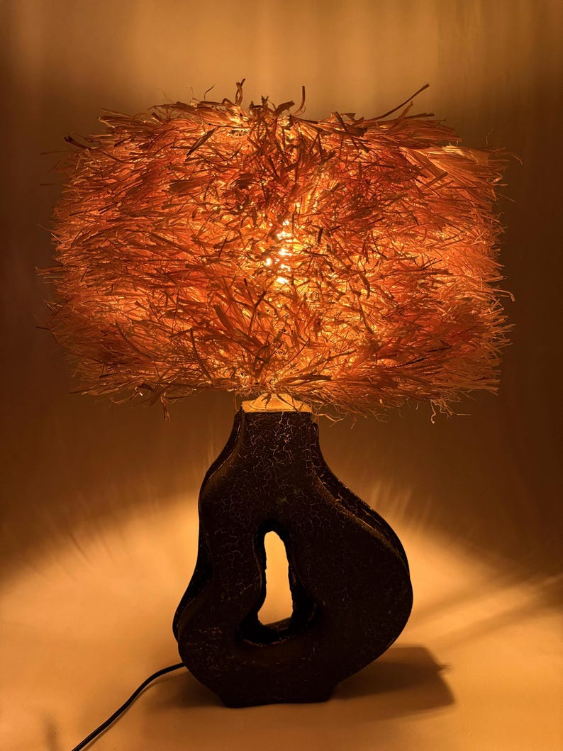 K&ouml;nnte beinhalten: Dekorative Tischlampe mit einem strukturierten, dunkelbraunen Sockel und einem gro&szlig;en, orangefarbenen, gefransten Lampenschirm. Die Lampe strahlt ein warmes, einladendes Licht aus. Der Sockel hat eine einzigartige, organische Form mit einer gro&szlig;en &Ouml;ffnung.