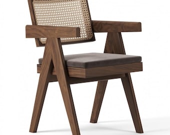 Mid-century moderne fauteuil – boho loungestoel, rotan accentstoel, handgemaakte houten stoel voor woonkamer- en slaapkamerinrichting