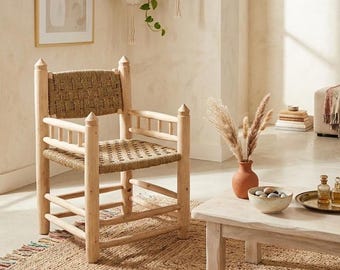 Moroccan Wicker Accent Chair with Arms | Handmade Wood Chair Bench | Boho Doum Chair for Living Room Decor
