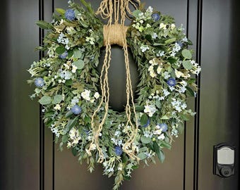 Blue Wildflower & Ruscus Cascading Wreath for Front Door, Rustic Twine Greenery Wreath,  Everyday Spring Summer Door Decor, Perfect Gift