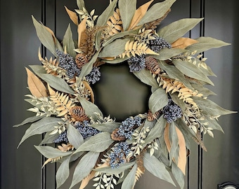 Eucalyptus Fall Wreath: Blue Berries, Pinecones, Rustic Autumn Decor