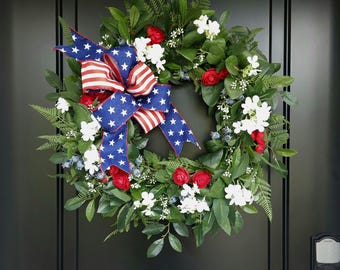 4th of July Wreath for Front Door, Red White & Blue Floral Wreath, Hydrangea Wreath,Americana Decor, Labor Day Patrotic Wreath, Summer Decor
