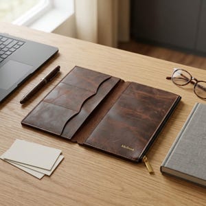 May include: A dark brown leather folio with a zippered closure and the name Melissa embossed in gold. The interior features multiple card slots and a document pocket. The folio is open, revealing a smooth, distressed leather texture throughout.