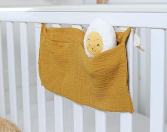 Mustard Organic Cotton Storage Bag for Baby Cot -  Double Pocket Toy & Book Organiser