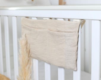 Beige Twin Pocket Organic Cotton Bag for Baby Cot - Perfect for Toy & Book Storage