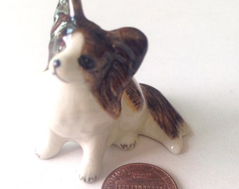 Dog figure, Papillon, Miniature White Brown Ceramic Dog Figure, ceramic figure, animal figure, dog figurine, animal figurine, decoration
