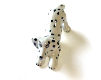 Dog figure, White, Dalmatian, Black, crounching, puppy figurine, Ceramic Dog Figurine, ceramic figure, animal, dog figurine, animal figurine