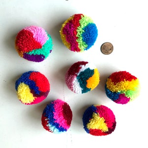 Assorted Yarn Pom Poms, party poms, handmade, pom pom, yarn balls, pink, green, blue, white, red, black, brown, yellow, 10 poms, tulle, soft