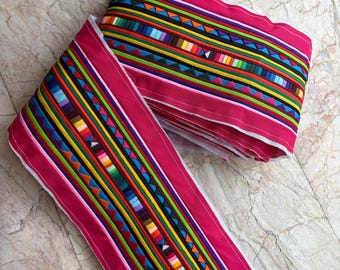 Bright Pink Lisu Hill Tribe Quilted Fabric, Colorful Embroidered Stripe Craft Textile (1 Meter)