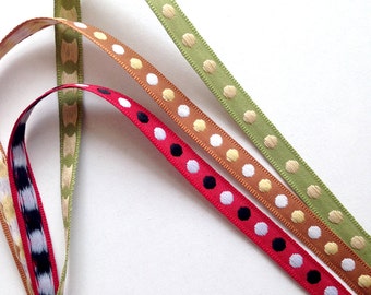 Red, Green, Brown, Poka Dot Trim, dot trim, trim, trims, fabric trim, ribbon, card decoration, gift wrap, 3 colors, 6 yards, 3/8 inch wide