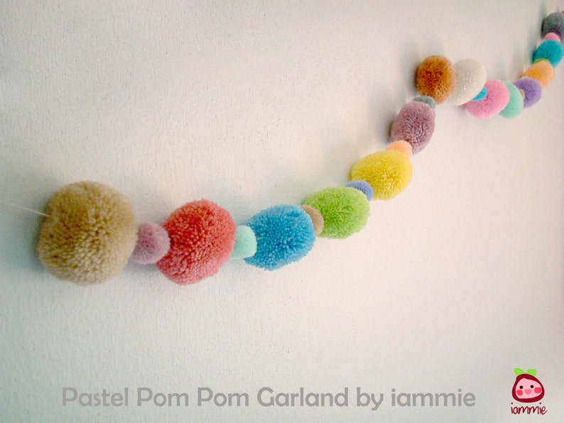 Pom Pom Garland, pastel, banner, yarn pom pom, yarn ball, sweet, pink, light blue, light green, yellow, cream, mobile, carnival, fancy image 4