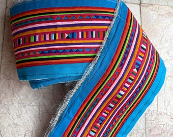 Blue Lisu Hill Tribe Quilted Fabric, Colorful Embroidered Stripe Craft Textile (1 Meter)