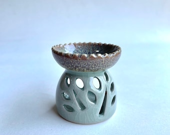 Light Green Grey Ceramic Aroma Oil Warmer, Burner, tree pattern, small, ceramic bowl, decoration, decor, decoration, candle, perfume