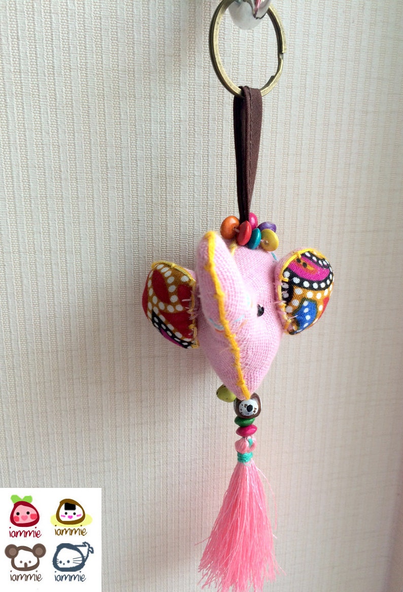 Elephant Keychain, Elephant Key chain, pink, fabric elephant, fabric keychain, xmas, ornament, plush elephant, fringe, colorful, children image 2