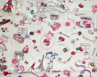 Fabric, Cream, Pink, Paris, Afternoon Tea, France, Eiffel, Macaron, Macaroon, Canvas, children, cartoon, vintage style, textile, ONE YARD