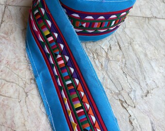 Hmong Textile, Lisu Textile, Hmong Fabric, Lisu Tape, Light Blue Lisu Fabric, hill tribe, quilted, embroidered, crafting, stripe, colorful