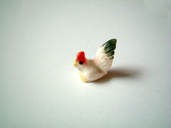Little White with Green Bottom Ceramic Chicken Figurine: rooster, cock, chick, mini animal, ceramic animal, little animal, animal figures