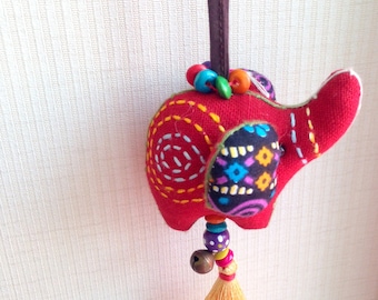 Elephant Keychain, Xmas, Elephant Key chain, red, fabric elephant, fabric keychain, bag decor, plush elephant, fringe, colorful, children