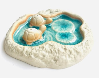 Ceramic Decoration Plate, Pond, Turtle, Tortoise, light blue, aqua, ceramic dish, sense stick holder, aroma, decoration, relaxing, nature