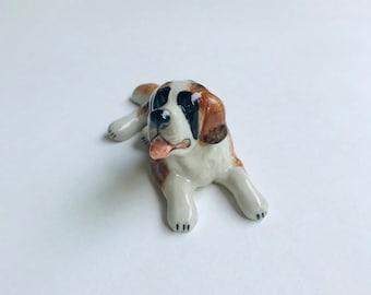 Dog figure, St. Bernard, White, Brown, lying, puppy, Ceramic Dog Figure, ceramic figure, animal, dog figurine, cute, decor