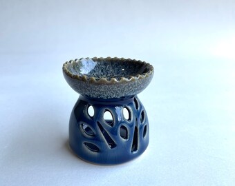 Blue Ceramic Aroma Oil Warmer, Burner, tree pattern, small, ceramic bowl, decoration, decor, decoration, candle, perfume