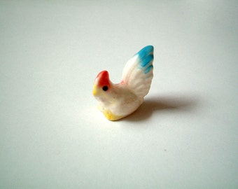 Little Ceramic Chicken Figure, miniature chicken, white with Blue Bottom, rooster, mini, ceramic animal, little animal, small animal, tiny