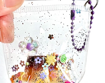 Mini GUMMY Dream Garden Custard Pudding Keychain, Taba Squishy Stress Relief Accessory, Glittering Kawaii Shakable Charm, Fun Fidget Toys