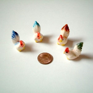 Miniature White with Blue Bottom Ceramic Chicken: rooster, cock, chick, mini animal, ceramic animal, little animal, small animal, tiny image 2