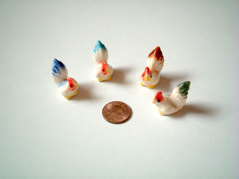 Miniature White with Blue Bottom Ceramic Chicken: rooster, cock, chick, mini animal, ceramic animal, little animal, small animal, tiny image 2