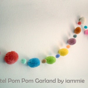 Pom Pom Garland, pastel, banner, yarn pom pom, yarn ball, sweet, pink, light blue, light green, yellow, cream, mobile, carnival, fancy image 1