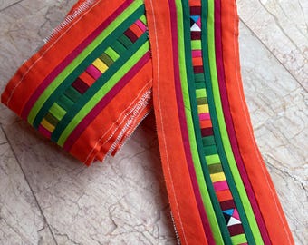 Orange Lisu Hill Tribe Quilted Fabric, Colorful Embroidered Stripe Craft Textile (1 Meter)