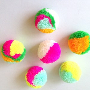 Handmade Yarn Pom Poms, pom pom, poms, yarn balls, mint, yellowish-orange, lime, bright pink, yellow, neon, off-white, 10 pom poms, tulle