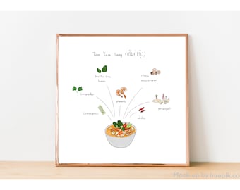 Tom Yum Kung Spicy Thai Cuisine Food Hand-drawn Digital Art Printable Illustration Wall Decor Kitchen Dining Restaurant Drawing Downloadable