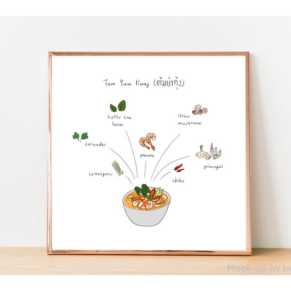 Tom Yum Kung Spicy Thai Cuisine Food Hand-drawn Digital Art Printable Illustration Wall Decor Kitchen Dining Restaurant Drawing Downloadable