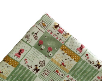 Fabric, Green, Yellow, Plaid, Quilt, Canvas, cute, crafting, flowers, children, deer, garden, baby, tree, cartoon, animal, forest, ONE YARD