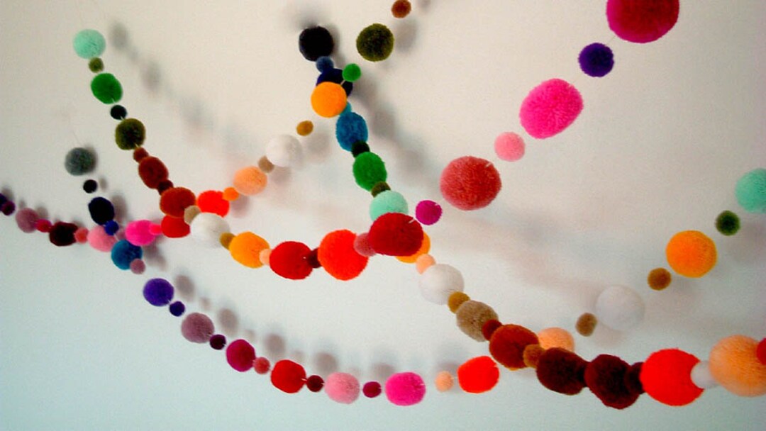 Party Yarn Pom Pom Garland, Pom Poms, Beads, Balls, Scarf, Purple, Green, Yellow, Red, Purple