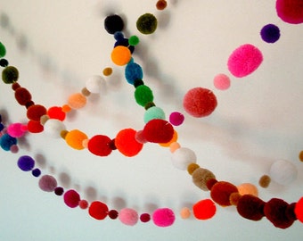 Party Yarn Pom Pom Garland, pom poms, beads, balls, scarf, purple, green, yellow, red, purple, orange, mobile, blue, brown, pink, 15 feet