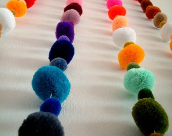 Party Yarn Pom Pom Garland, pom poms, yarn balls, purple, green, yellow, red, purple, orange, mobile, blue, brown, pink, 7 yards, 21 feet