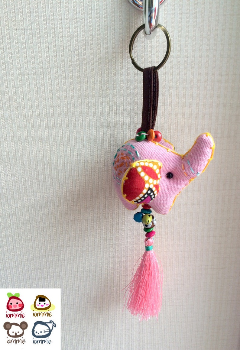 Elephant Keychain, Elephant Key chain, pink, fabric elephant, fabric keychain, xmas, ornament, plush elephant, fringe, colorful, children image 1