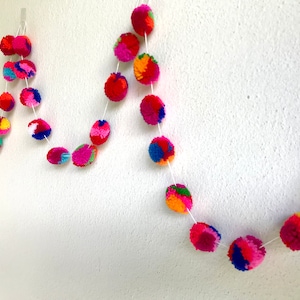 Pom Pom Garland, yarn pom pom garland, mixed color, wedding, yarn ball, colorful, rainbow, mobile, carnival, decoration, 18 feet, 6 yards