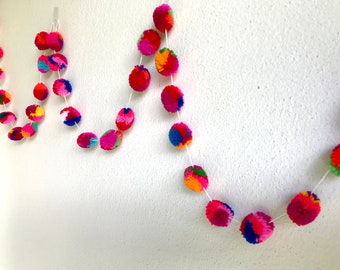 Pom Pom Garland, yarn pom pom garland, mixed color, wedding, yarn ball, colorful, rainbow, mobile, carnival, decoration, 18 feet, 6 yards