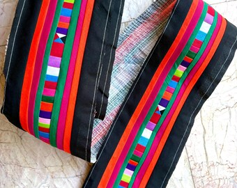 Black Colorful Lisu Hill Tribe Quilted Fabric, Colorful Embroidered Stripe Craft Textile (1 Meter)