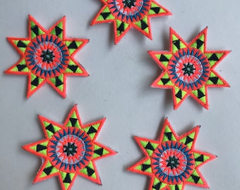 Hmong Patch, crafting, quilting, patches, craft, hill tribe, neon, yellow, orange, black, star, sewing, kid, circle, embroidered, embroidery