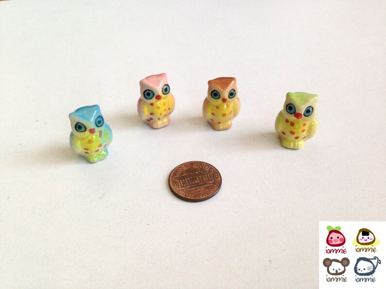 Miniature Owl Figurine, miniature ceramic owl, ceramic owl figure, miniature animal, mini animal, tiny, little owl, decoration, green image 1